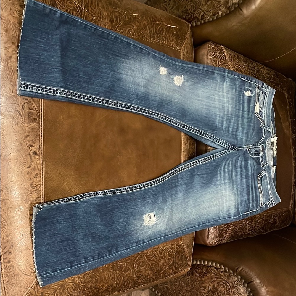 BKE Women's Blue Flare Jeans with Distressed Details